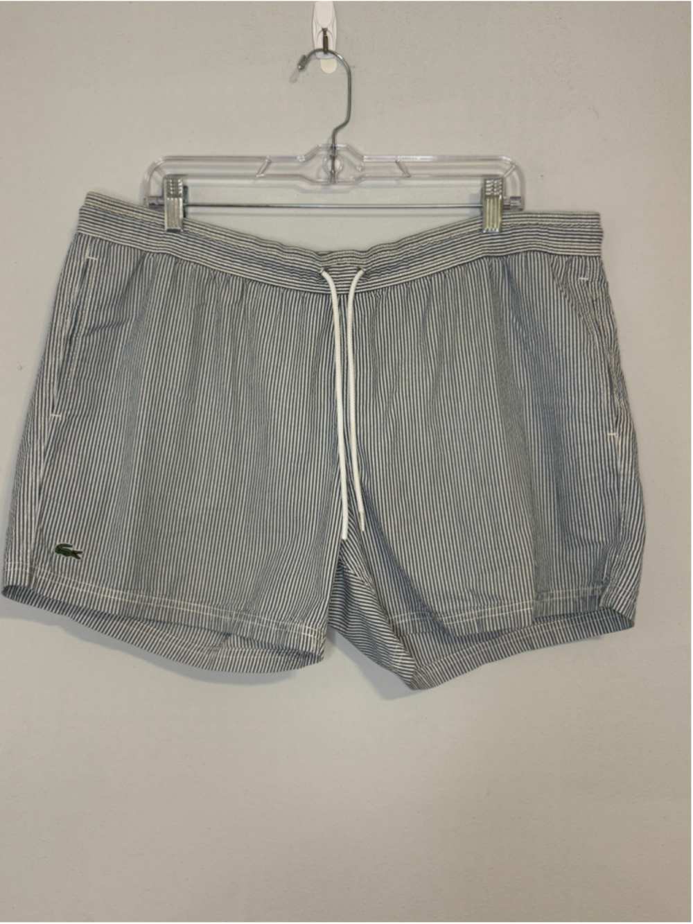 Lacoste Men’s XL Navy & White Striped Seersucker Swim Trunks
